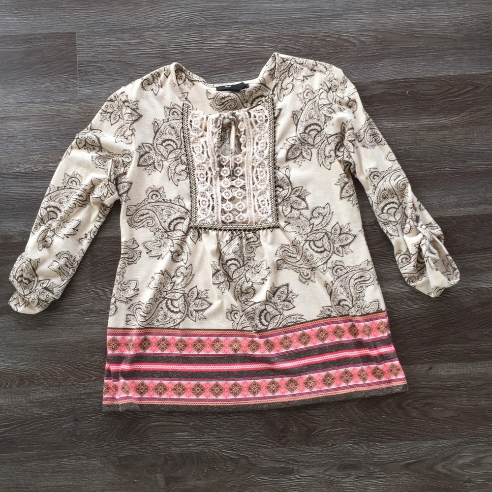 Style & Co Top Women’s Size Petite Small Paisley Boho 3/4 Length Sleeves